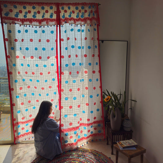 Red And Sky Blue Assamese Handloom Sheer Curtain