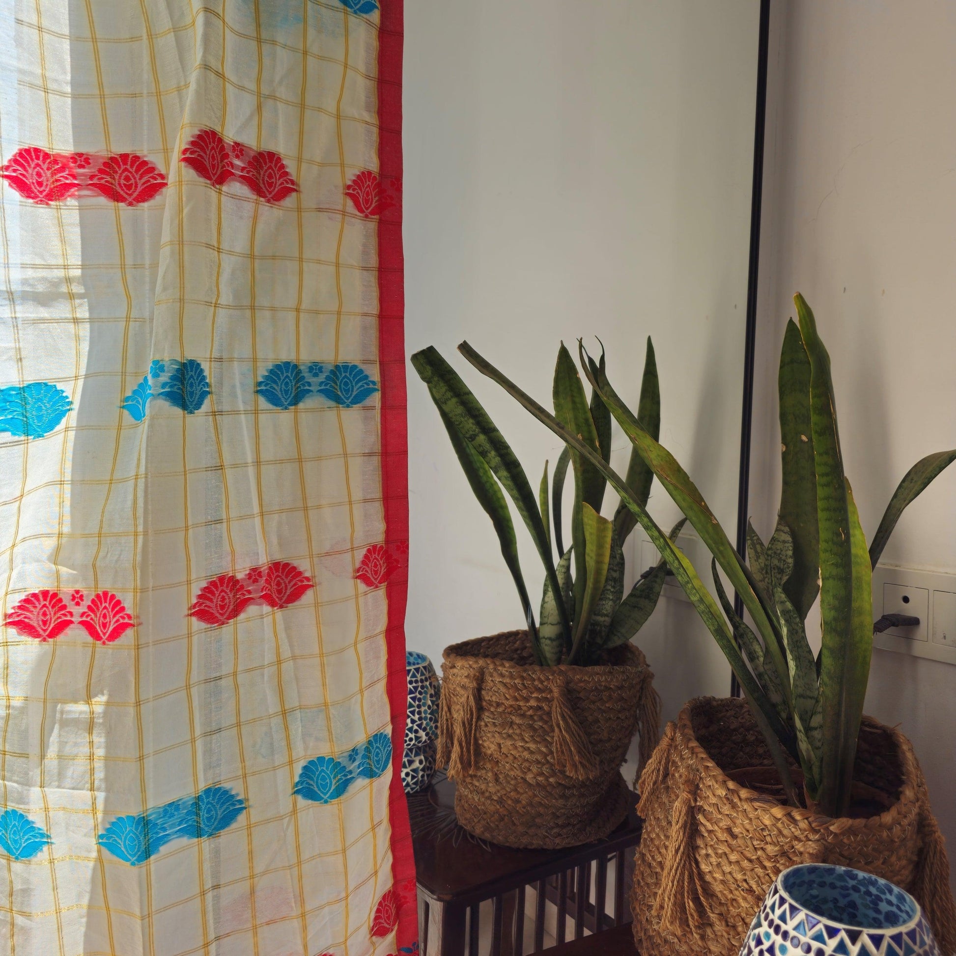 Red And Sky Blue Assamese Handloom Sheer Curtains