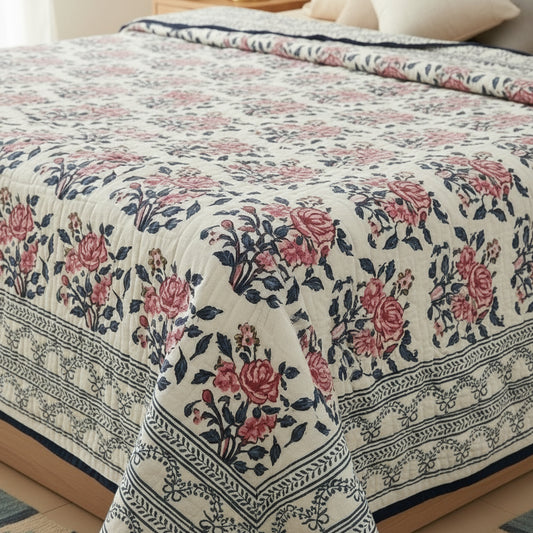 Red White Blue Floral Quilt hand block printed