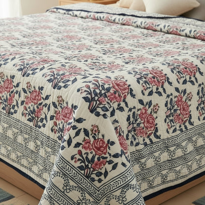 Red White Blue Floral Quilt hand block printed 