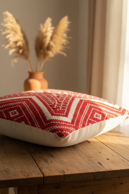 Red and white cushion cover side angle