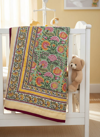 Reversible Baby Jaipuri Quilt in Green and Yellow Floral Handblock Print – Mul Cotton Blanket 60x45