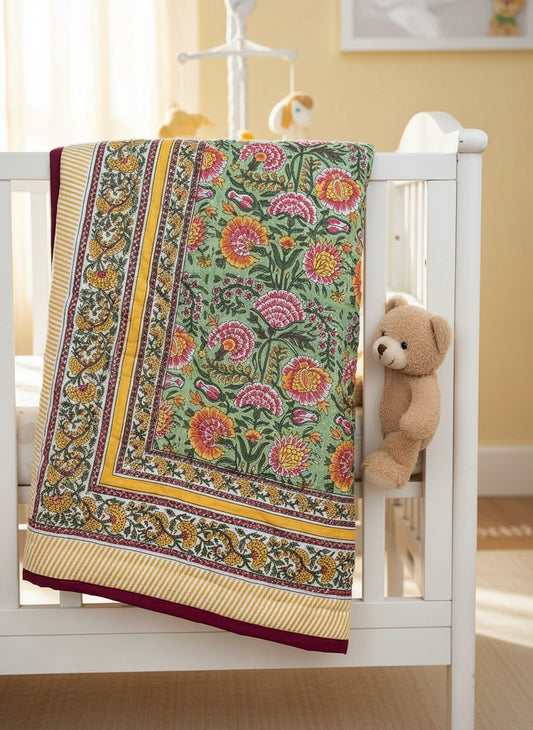 Reversible Baby Jaipuri Quilt in Green and Yellow Floral Handblock Print – Mul Cotton Blanket 60x45