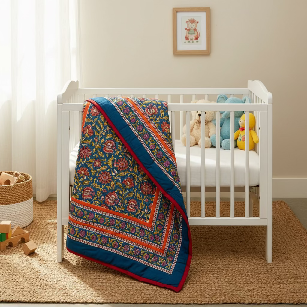 Reversible Baby Jaipuri Quilt in Royal Blue and Red Floral Handblock Print – Organic Mul Cotton 60x45 inch