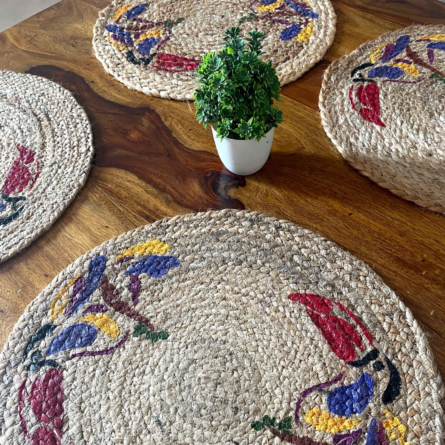 Round Jute Table Mats With Bird Painting