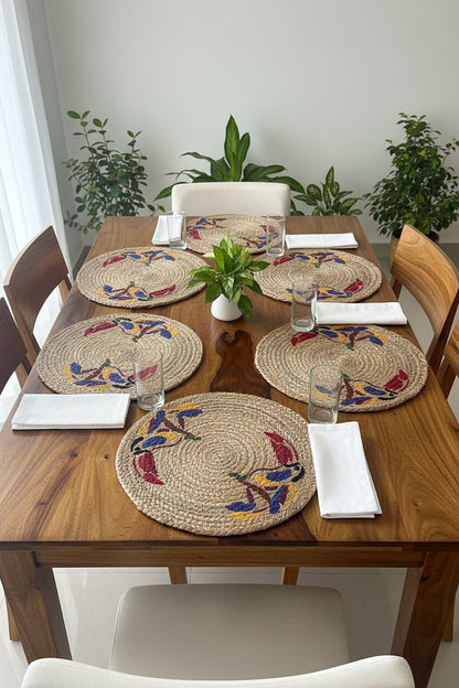 Round Jute Table Mats With Bird Painting
