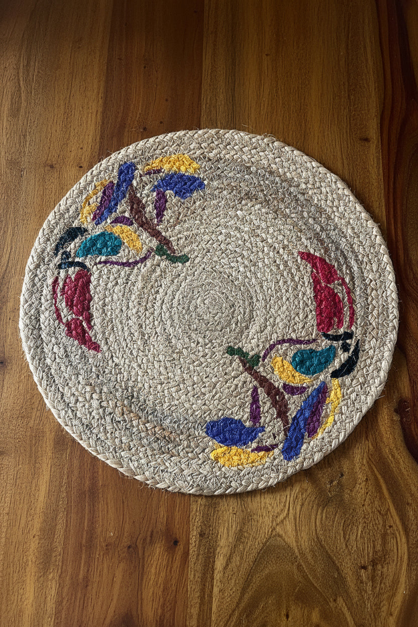 Round woven coasters with floral patterns on a wooden surface