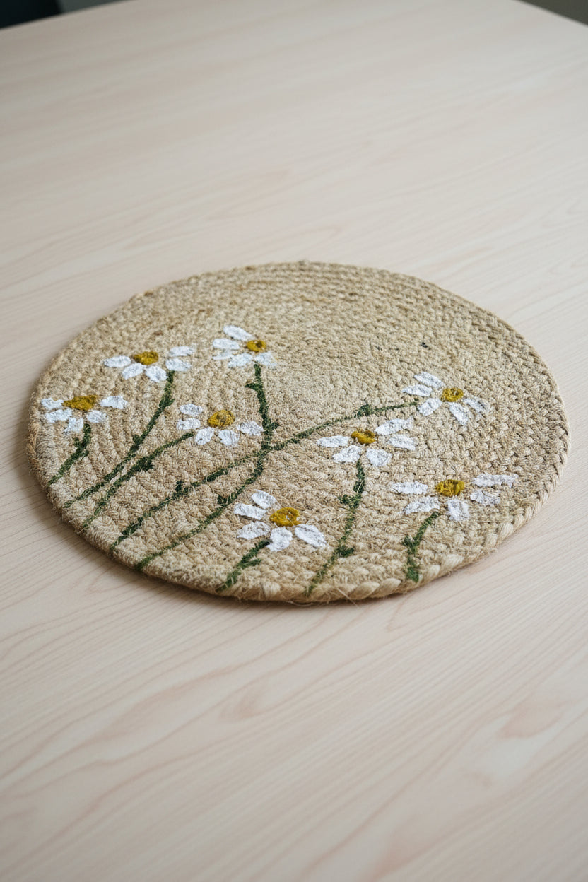 Round woven mat with floral patterns on a wooden floor.