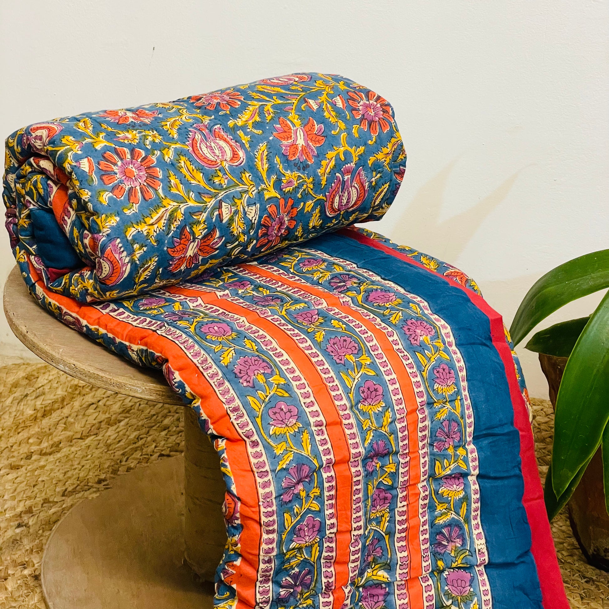 Royal Blue Floral Handblock Print Detail on Organic Mulmul Baby Quilt – Jaipur Craft