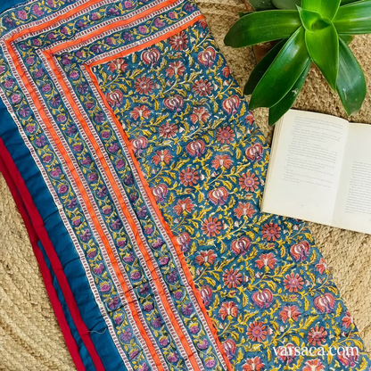 Royal Blue and Red Reversible Baby Quilt Flatlay – Handblock Printed Mul Cotton Blanket