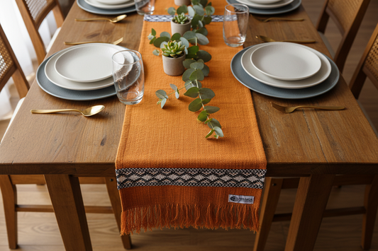Handloom Jute Cotton Table Runner | Rust Orange, Black & White Broad Crochet Lace and Self Tassels