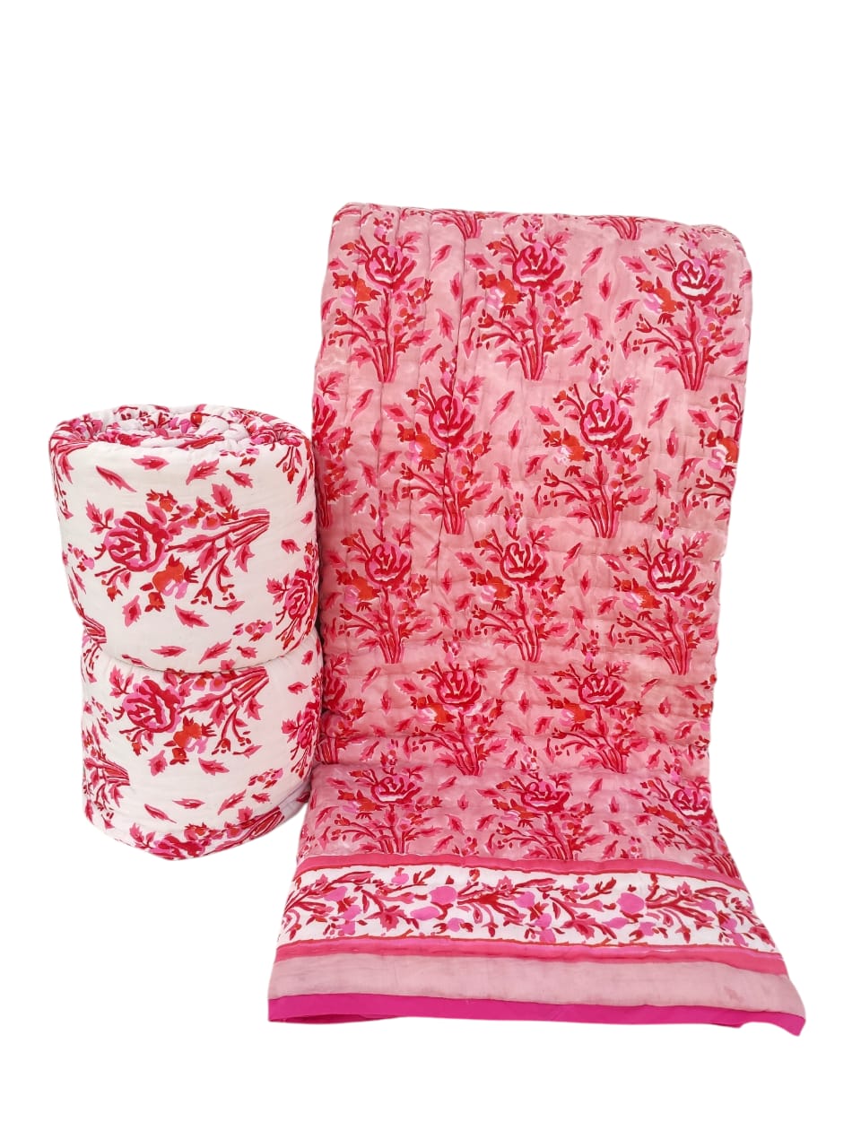 Salmon Pink & White Floral Reversible Mul Cotton Quilt 