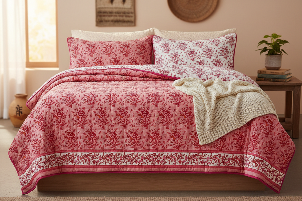 Salmon Pink & White Floral Reversible Mul Cotton Quilt | Authentic Jaipuri Razai