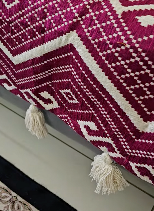 Handloom Cotton Sofa Cover | Thick Pink & Beige Geometric Throw with Tassels
