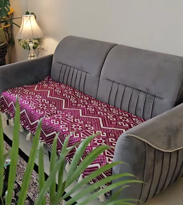 Handloom Cotton Sofa Cover | Thick Pink & Beige Geometric Throw with Tassels