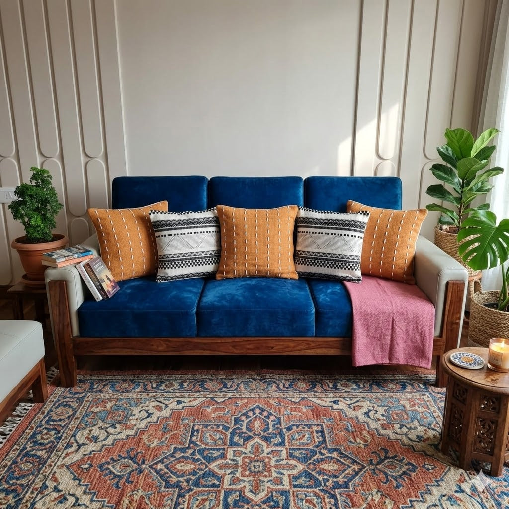 Set of 5 boho cushions with 3 rust orange threadwork covers and 2 black and white patterns on a wooden sofa.