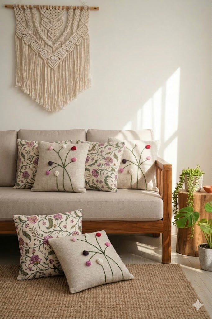 Set of 5 floral cushions featuring 3 green and pink jacquard covers and 2 beige 3D embroidered floral covers on a sofa.