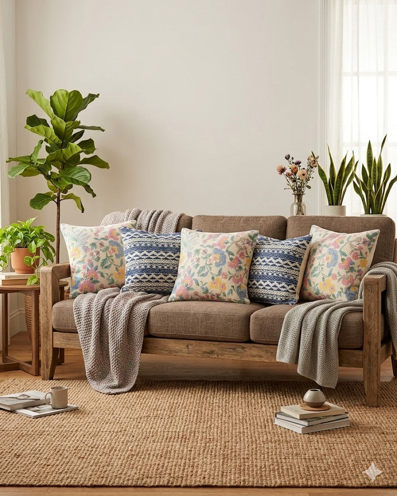 Set of 5 jacquard cushion covers with pastel floral and blue geometric patterns on a living room sofa.