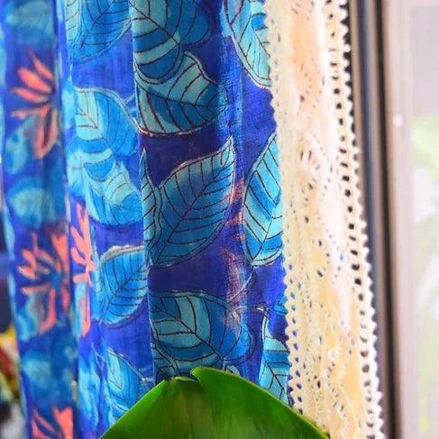 Sheer Floral Blue Curtain With Vintage Lace