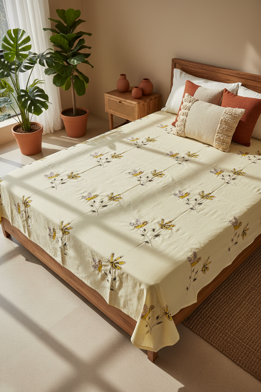 Bedroom with a bed covered in a floral quilt, surrounded by plants and a wooden nightstand.