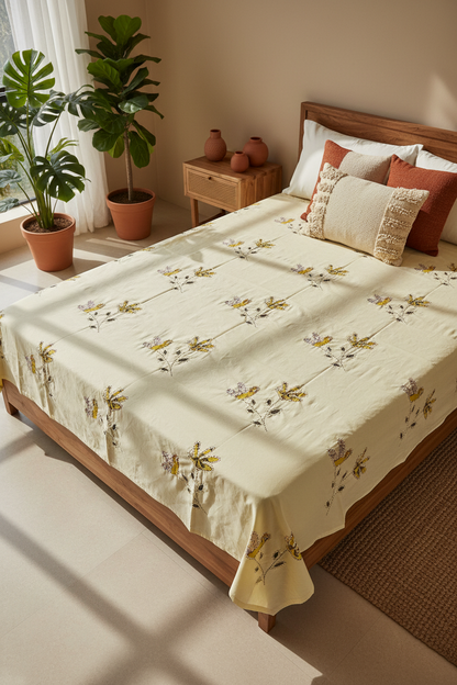 Bedroom with a bed covered in a floral quilt, surrounded by plants and a wooden nightstand.