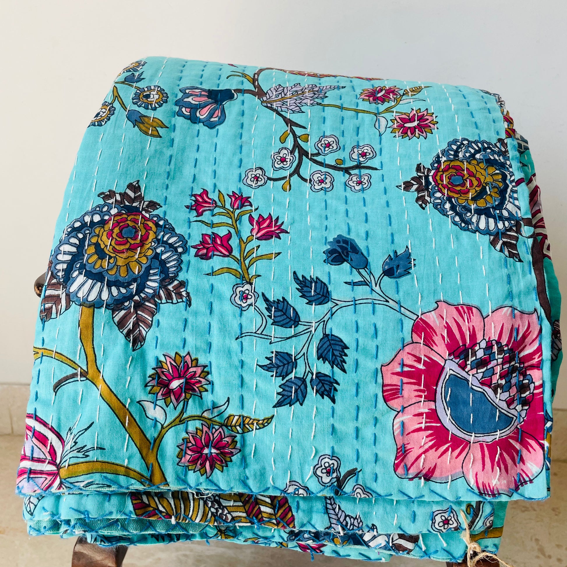 Sky Blue Kantha Work Floral Bedcover