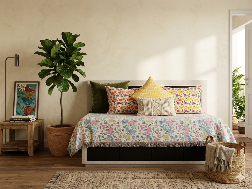 Bedroom with floral bedding, colorful pillows, and a plant.