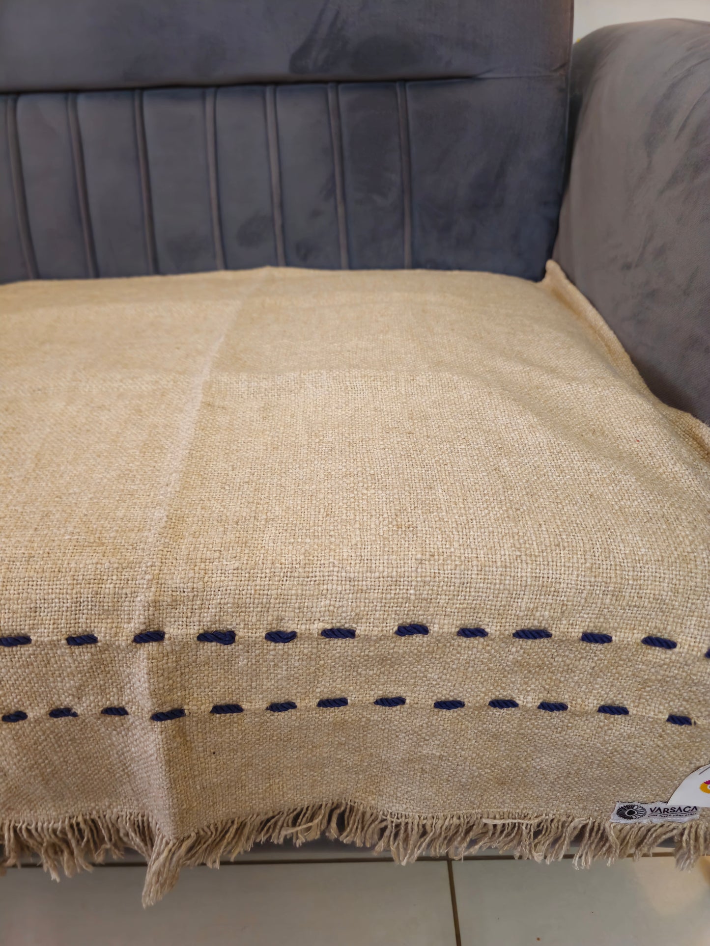 Soft Beige Jute Cotton Sofa Cover with blue thread work