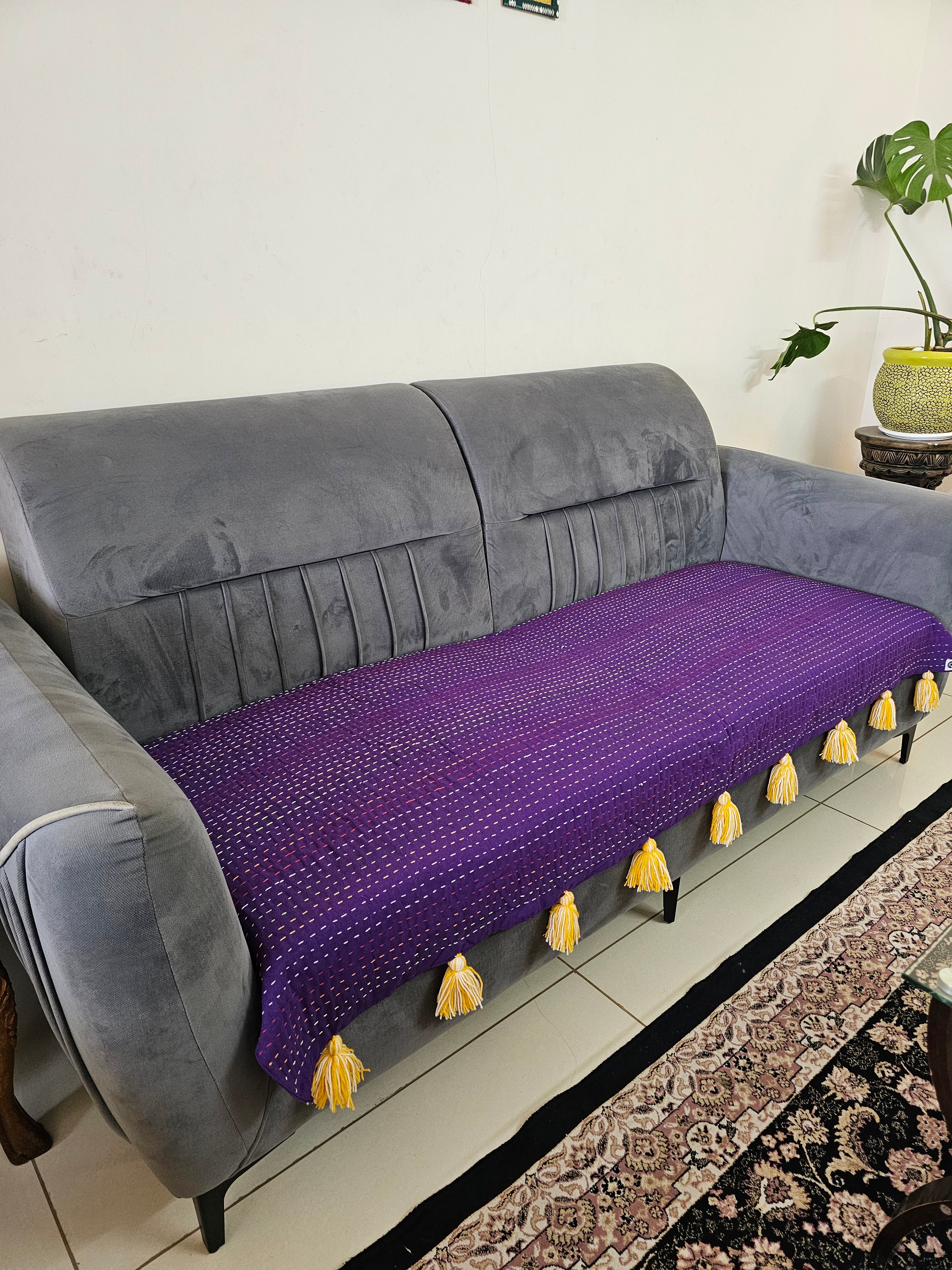 Solid Purple Kantha Sofa Cover