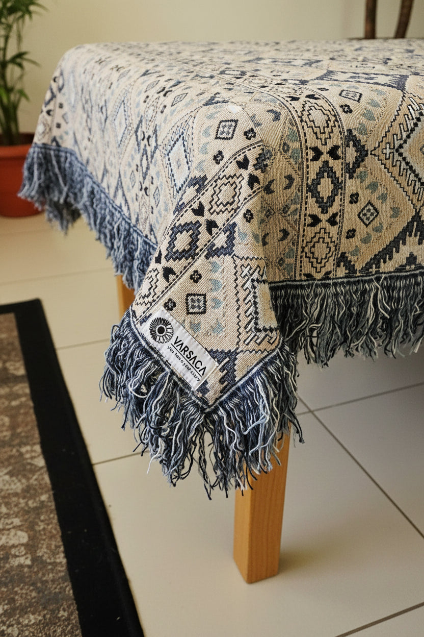 Table setting with a patterned tablecloth in a bright room.