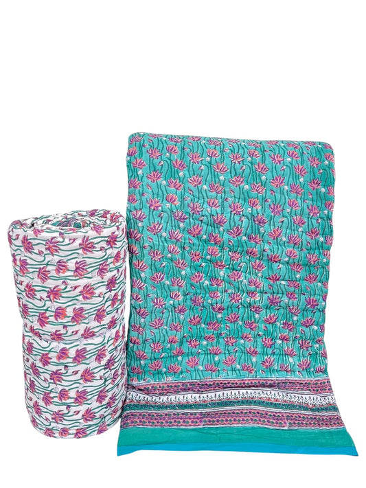 Teal & Pink Floral Reversible Mul Cotton Quilt