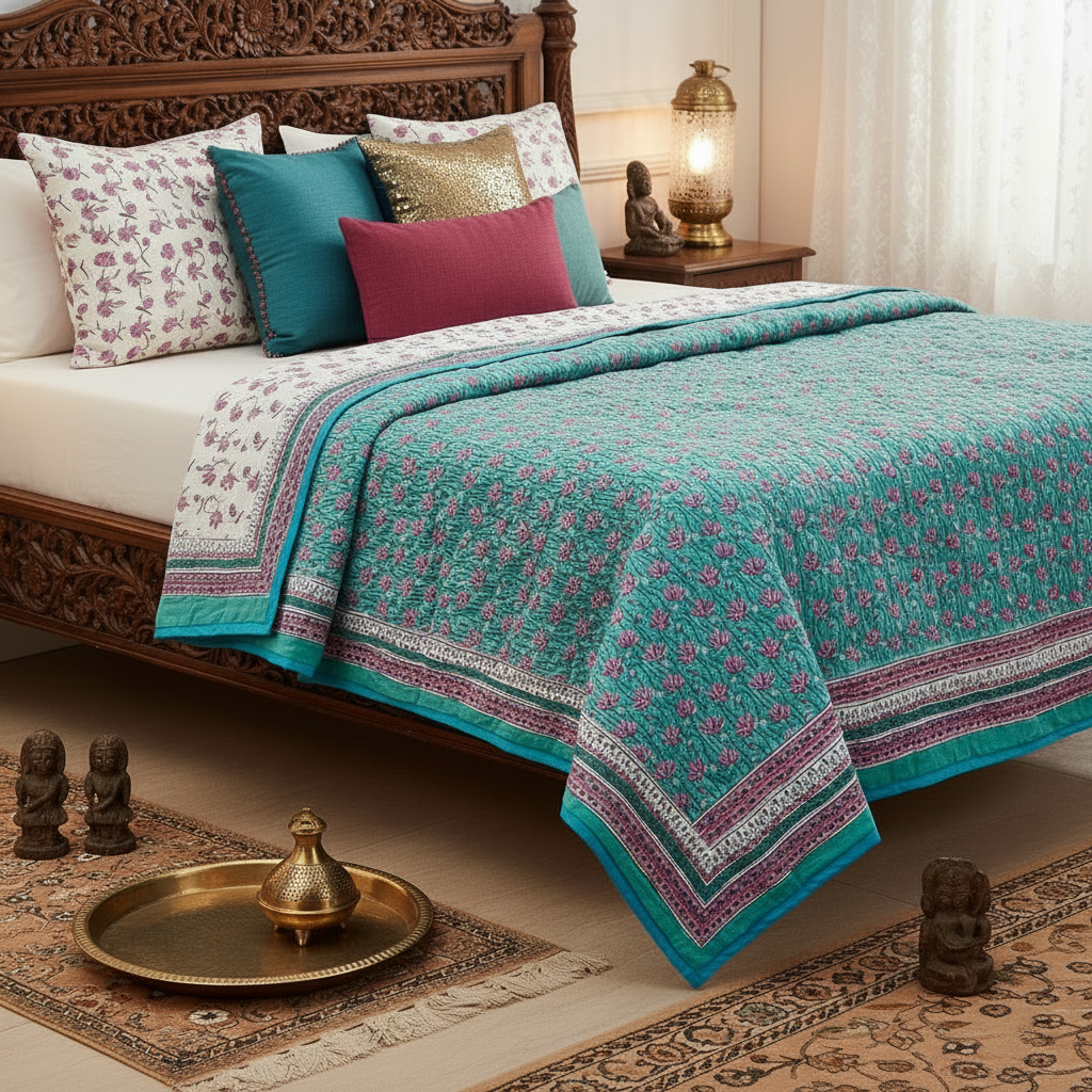Authentic Jaipuri Razai | King Size (90x100 in) Teal & Pink Floral Reversible Mul Cotton Quilt