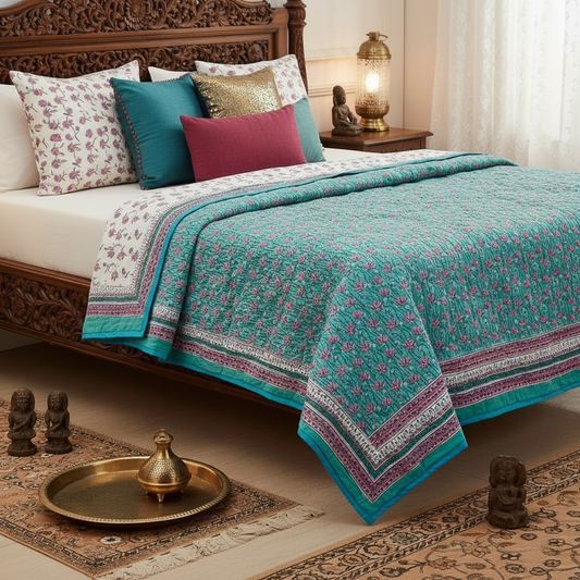 Authentic Jaipuri Razai | King Size (90x100 in) Teal & Pink Floral Reversible Mul Cotton Quilt