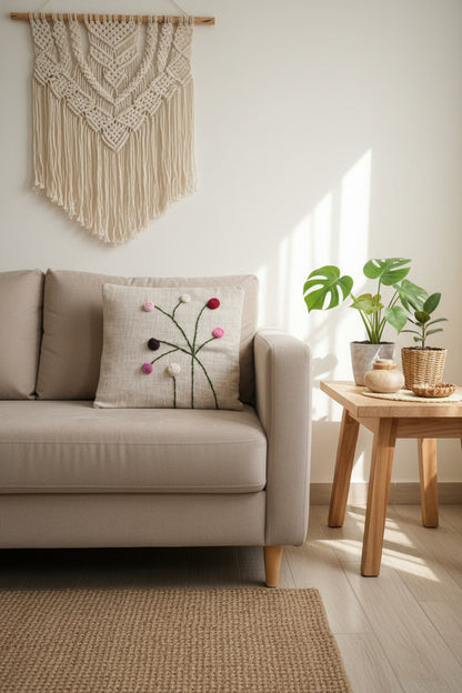 Textile art piece with embroidered flowers cushion covers