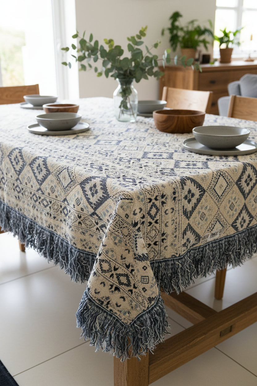 Textile with geometric pattern and fringes, featuring Varsaca branding.