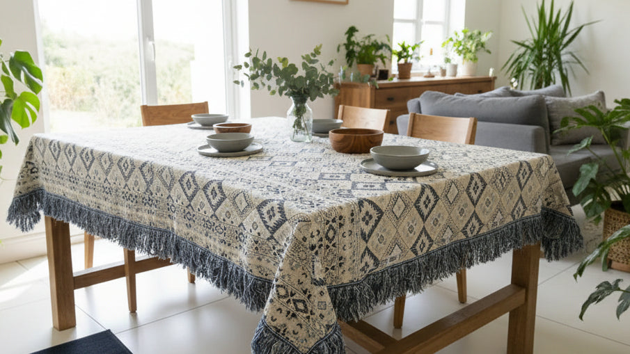 Dining table with a patterned tablecloth and decorative items.