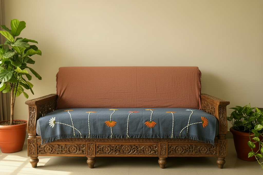 Thick textured jute cotton fabric of navy blue handcrafted sofa cover