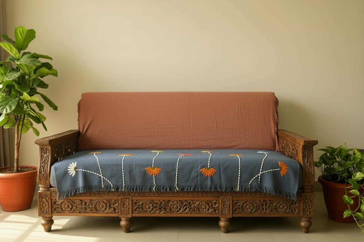 Thick textured jute cotton fabric of navy blue handcrafted sofa cover