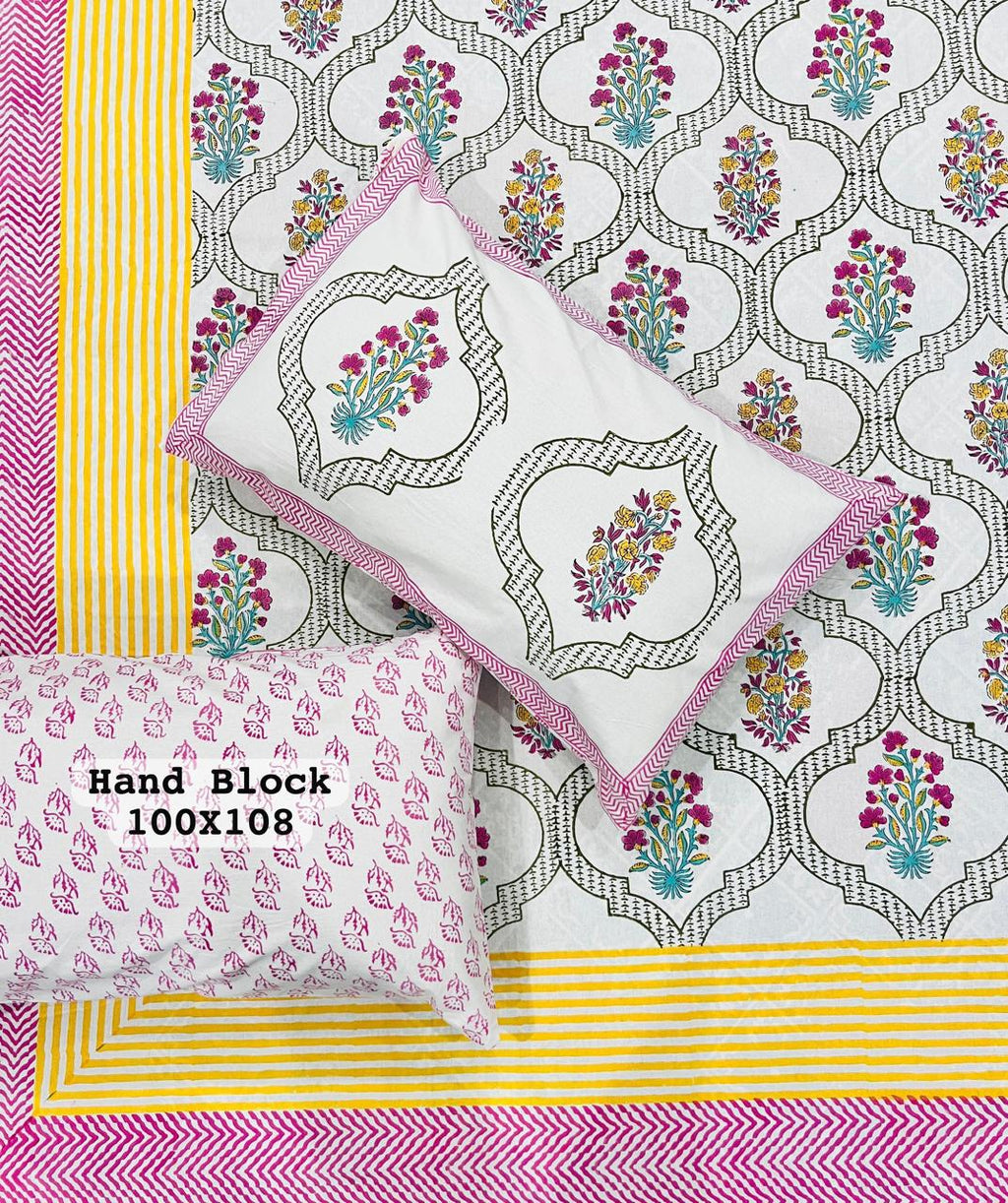 Traditional White Cotton Bedsheet – Yellow & Pink Hand Block Printed Motifs + Pillow Covers (100×108″)