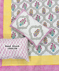 Traditional White Cotton Bedsheet – Yellow & Pink Hand Block Printed Motifs + Pillow Covers (100×108″)
