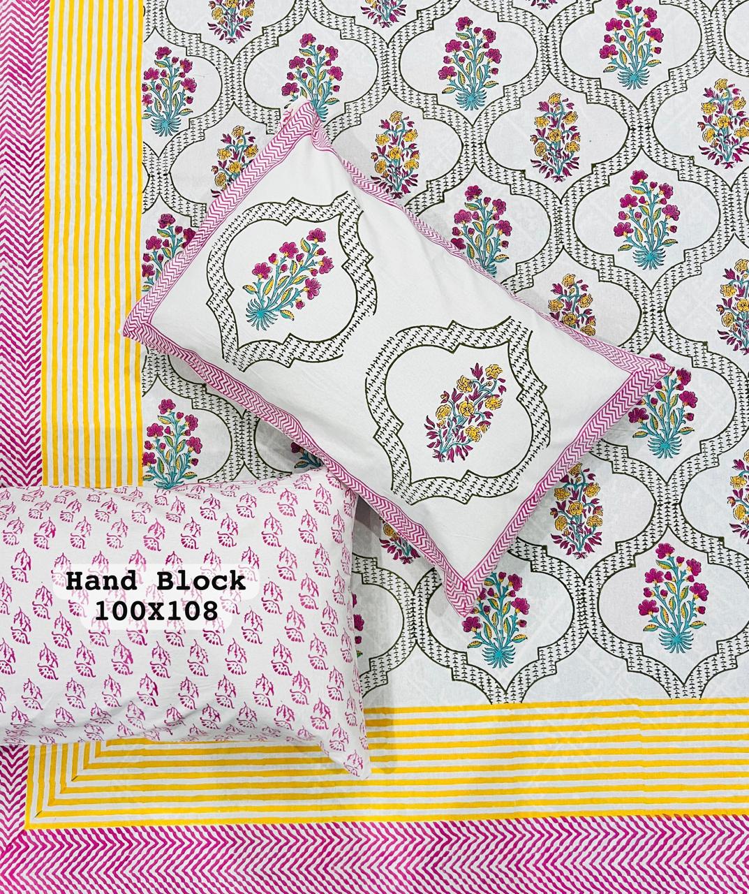 Traditional White Cotton Bedsheet – Yellow & Pink Hand Block Printed Motifs + Pillow Covers (100×108″)
