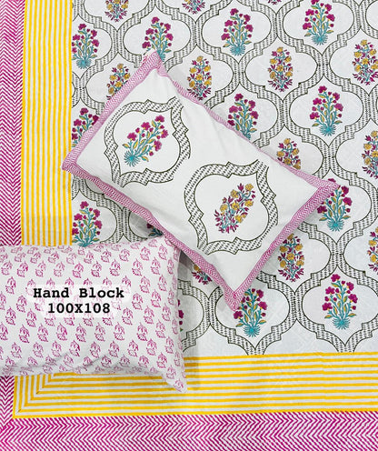 Traditional White Cotton Bedsheet – Yellow & Pink Hand Block Printed Motifs + Pillow Covers (100×108″)