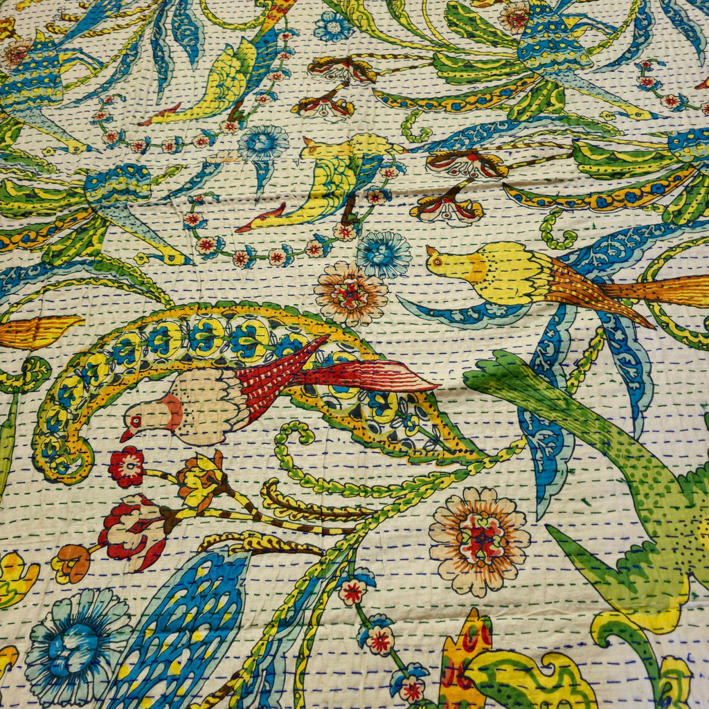 Tropical Print Kantha Work Bedcover