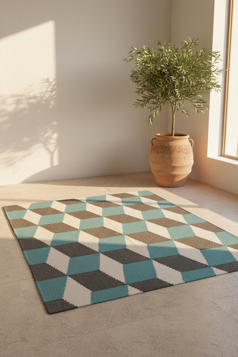 Geometric patterned rug on a light wooden floor with a plant in the corner.
