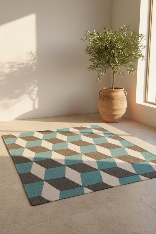 Geometric patterned rug on a light wooden floor with a plant in the corner.