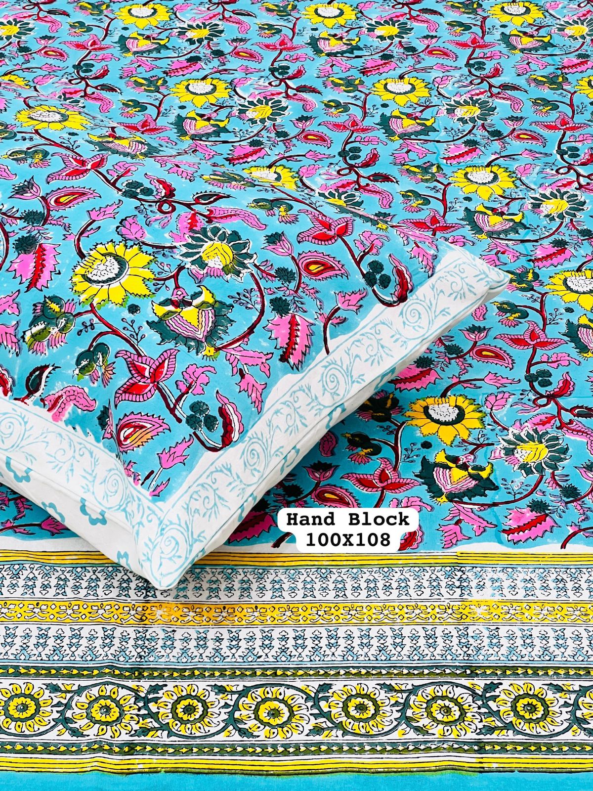 Turquoise Floral Bedsheet with Pink And Yellow Flowers – Pure Cotton King Size Hand Block Print Bedsheet With Two Pillow Covers