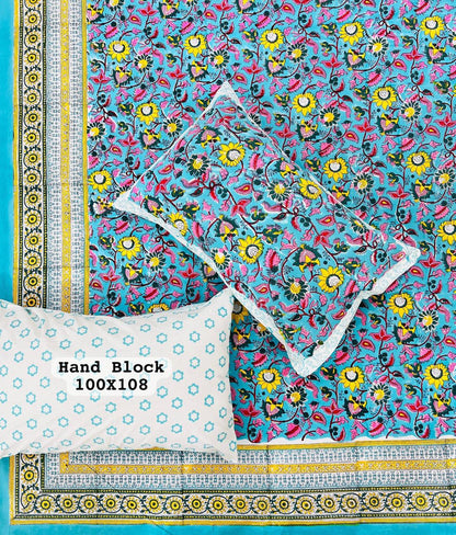 Turquoise floral king size bedsheet with pink and yellow floral hand block prints