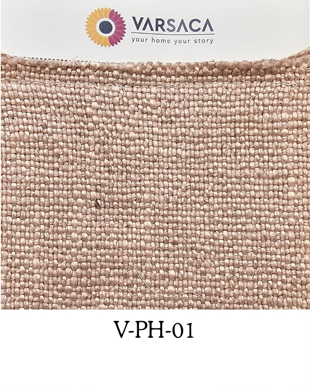 A close-up fabric swatch showing a textured woven material in a warm beige-pink tone, with the Varsaca logo at the top and the code V-PH-01 below on a white background.