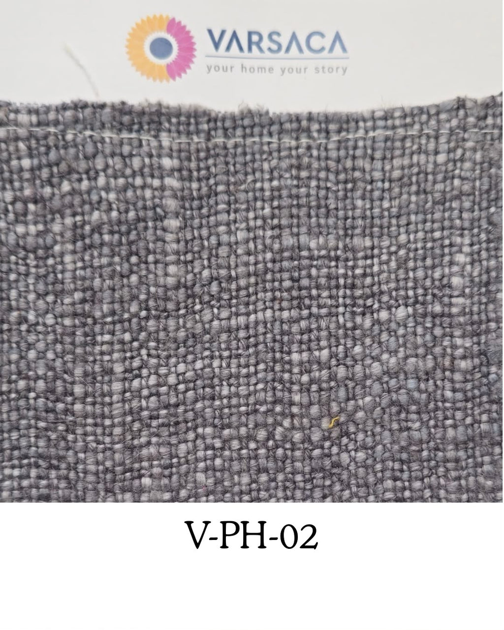 A close-up fabric swatch showing a textured woven material in a heather gray color, with the VARSACA logo at the top and the code V-PH-02 at the bottom.