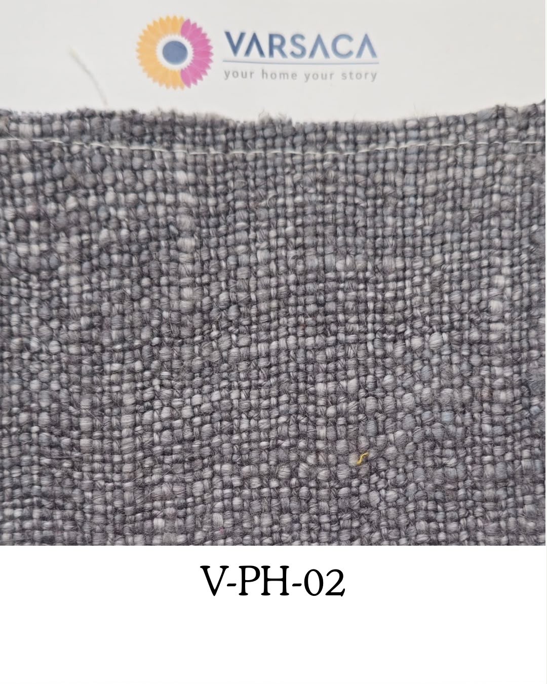 A close-up fabric swatch showing a textured woven material in a heather gray color, with the VARSACA logo at the top and the code V-PH-02 at the bottom.